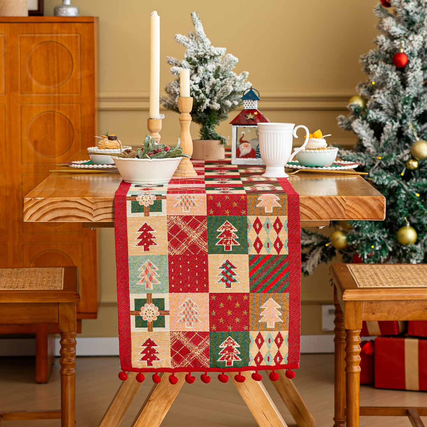 Cotton and linen handmade tassel table runner table cloth art home Christmas cedar festive decorations FRTP01-image-1079303301