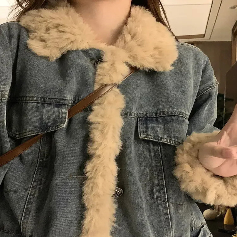 Veste en Denim en laine d'agneau rétro pour femme, Explosion en automne et en hiver avec des bavures amples, Cardigan en cachemire, vêtements en