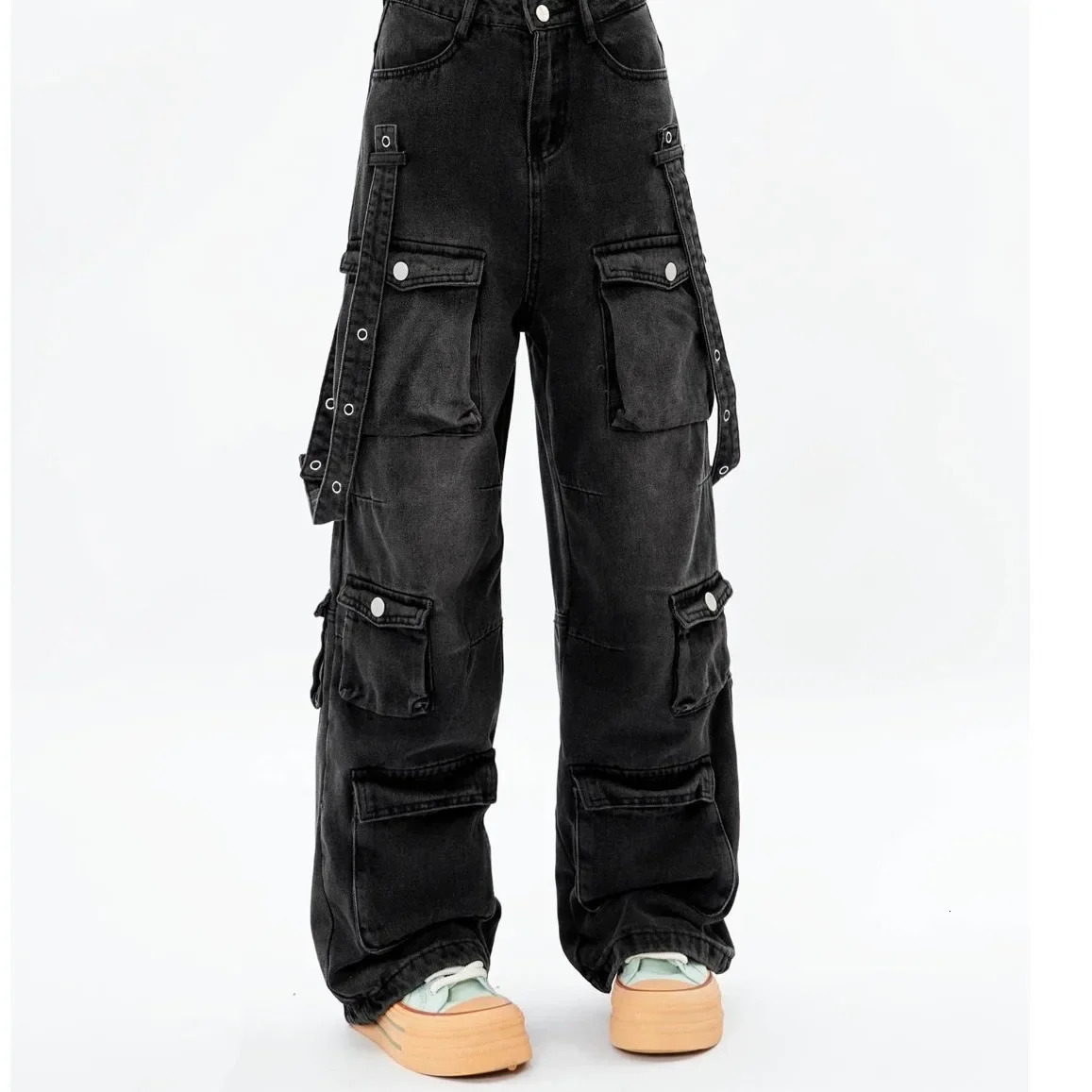 American Retro High Street Workwear Jeans Mens Black Summer Wide Leg Pants Large Size Multi Pockets Loose Fit 251009