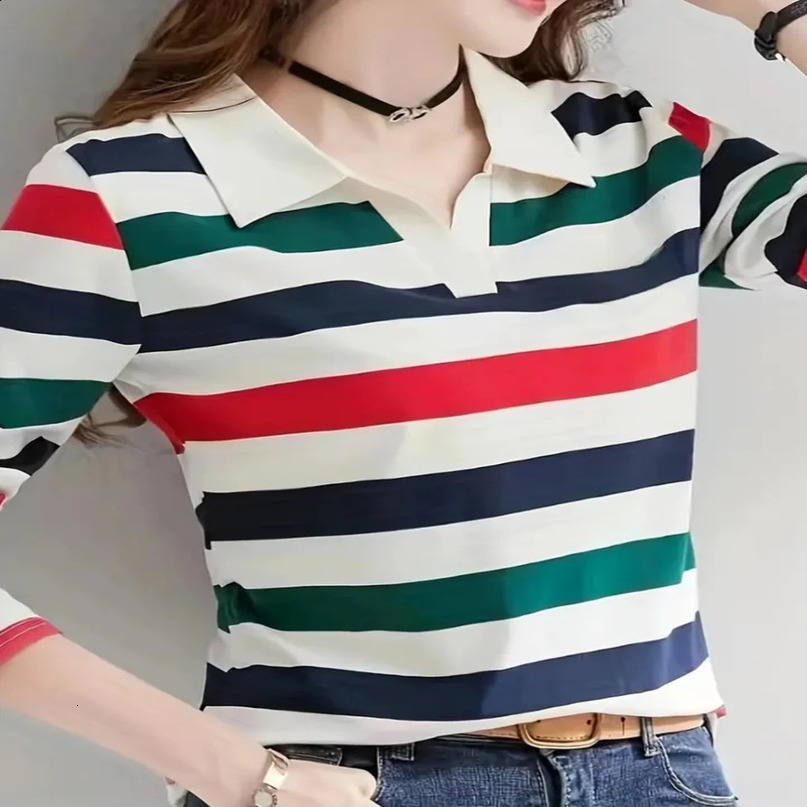 WomenS Casual Striped Long Sleeve Shirt Polyester Knit Fabric Lapel Collar Regular Fit SpringFall Season Top 250814