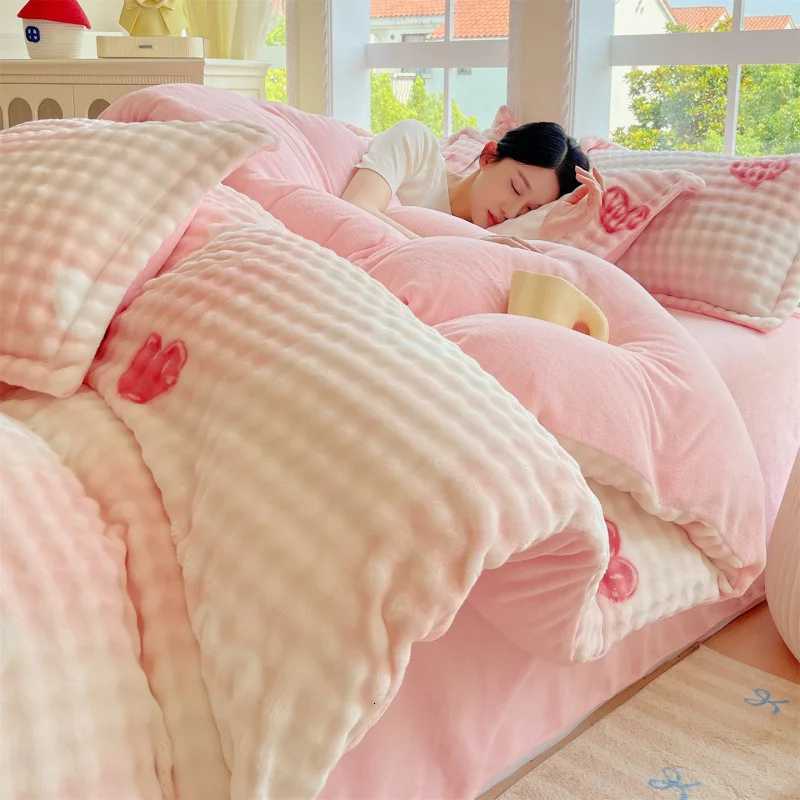 2025 new winter thickened printed rabbit hair milk bubble fleece fourpiece set household warm cute fourpiece set H251011-image-1079309705
