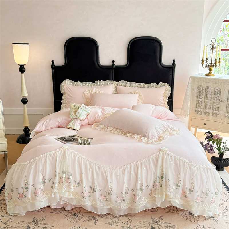 4Pcs Korean Style Lace Flowers Embroidery Princess Wedding Bedding Set Duvet Cover Bed SheetFitted SheetBed Skirt cases H251011-image-1079311804