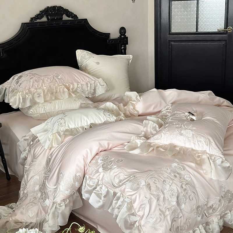 4Pcs Pink Flowers Embroidery Chiffon Lace Bedding Set 1000TC Egyptian Cotton Duvet Cover Set Bed SheetFitted Sheet cases H251011-image-1079317328