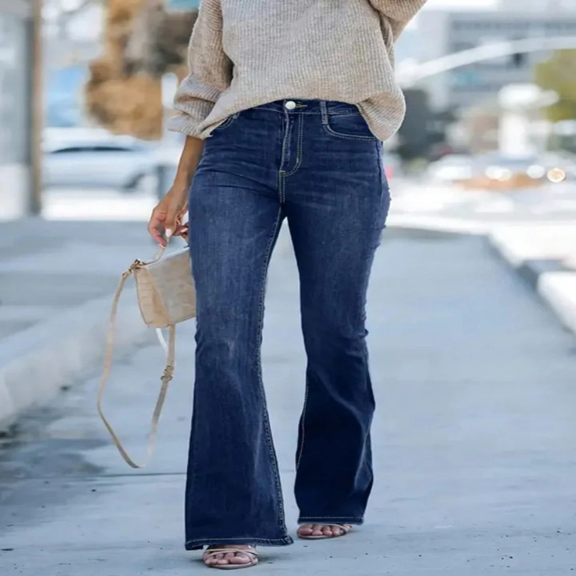 highwaist wideleg slimfit trumpet Denim trousers womens solid color stretch comfortable fashion allmatch jeans 250311