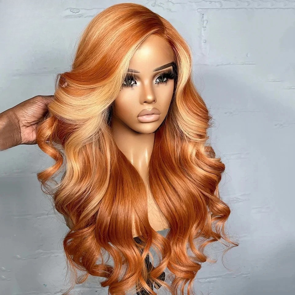 Ginger Orange Wig with Blonde Highlights Lace Front Wig Body Wave Human Hair Wig Pre Plucked Pre Cut Pre Bleached Glueless Wig 13x4 Hd Lace Frontal Wigs Cosplay 45$