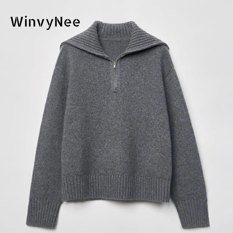 WinvyNee Womens Clothing Pure Wool Gray Sweaters Turtleneck Loose Casual Thick Warm Pullovers with Zip Jumpers Winter A1283001B 241021