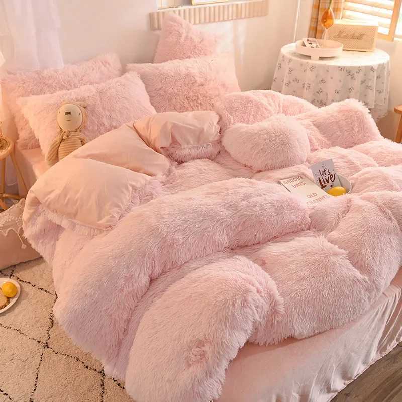 Luxury Winter Warm Long Plush Pink Bedding Set Queen Mink Velvet Double Duvet Cover Set with Fitted Sheet Warmth Quilt Covers H251011-image-1079315684