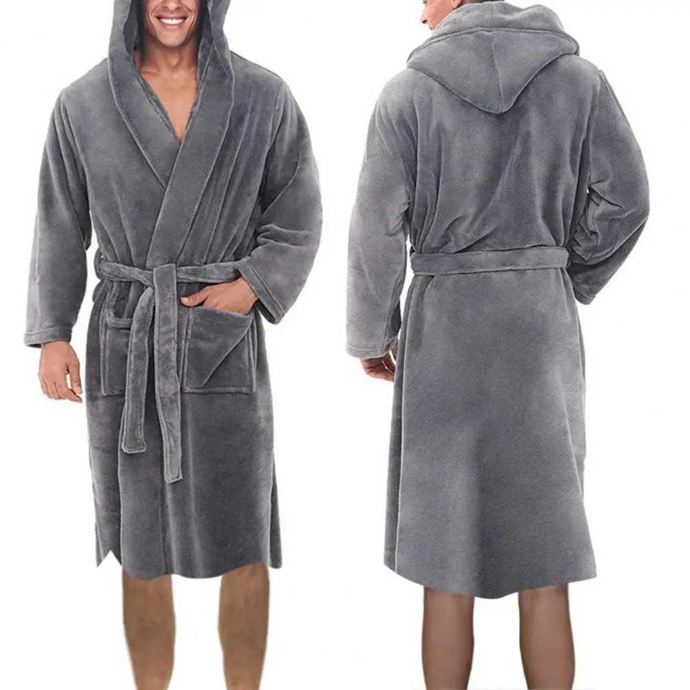 Oversize Men Bathrobe Long Slve Flce Nightgown Winter Warm Hooded Long Robe Pajamas Flce Gown Plush Bath Robe Slpwear L25101158Q3-image-1079367398