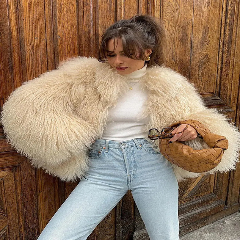 Chic Fluffy Faux Fur Womens Warm Cropped Coat Elegant Long Sleeve Thick Thermal Furry Jacket Winter Fashion Streetwear 241104