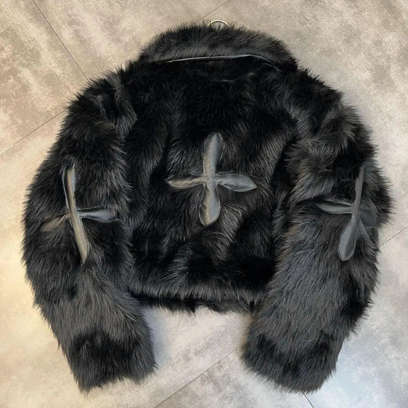 Veste d'hiver pour femmes, revers à manches longues, Patch PU fourrure croisée, manteau en coton 241104