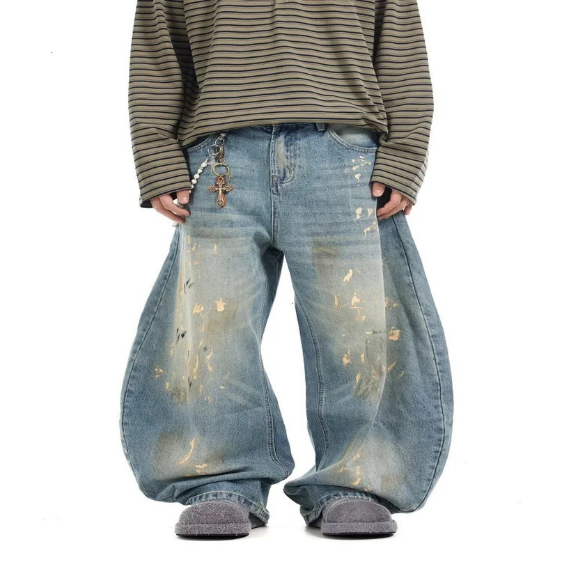 Cyber Y2K Streetwear Paint Graffiti Blue Baggy Jeans Pants For Men 90S Vintage Clothes Distressed Wide Leg Denim Trousers 250612