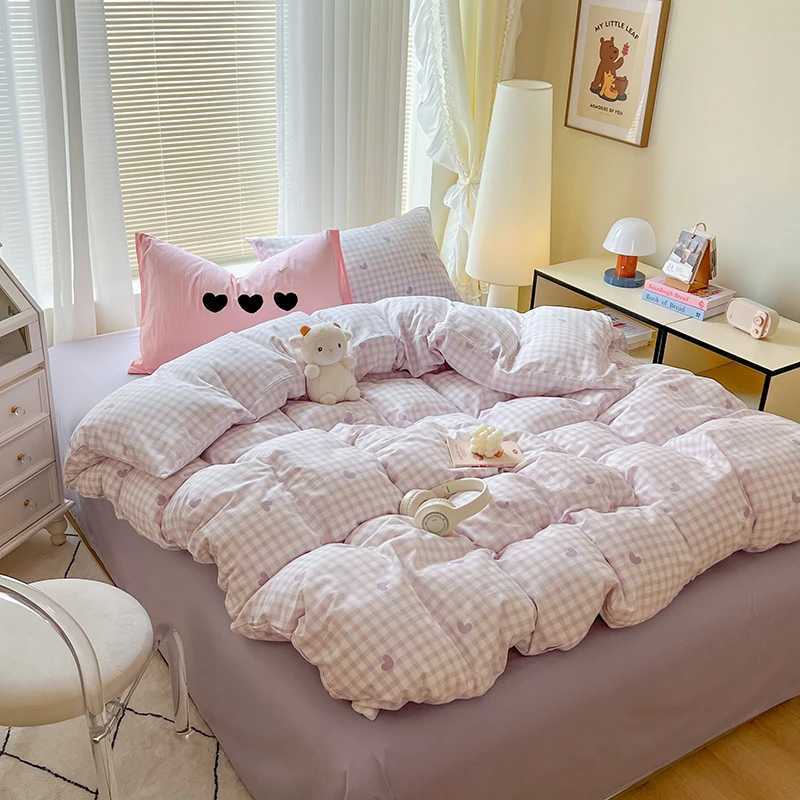 INS Solid Colour Minimst Pattern Bedding Set For adults kids pink cute Fitted Sheet With cases Colorful King Queen size H251011-image-1079316123