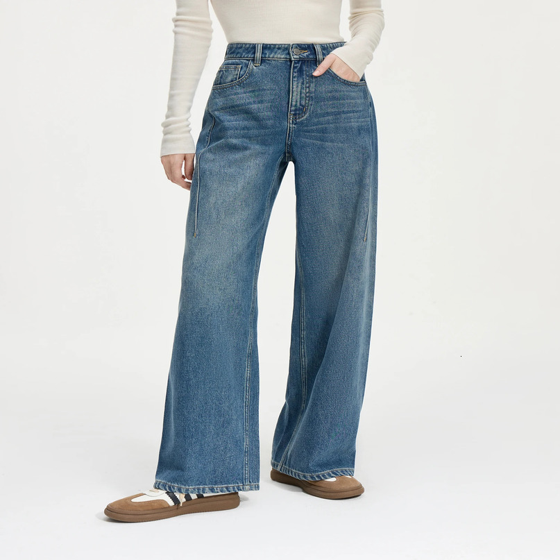 FSLE Womens Jeans Winter Thicken Retro Denim Blue Long Jean 100% Cotton Srtaight Female Thick Casual Full Length Pants 24FS14294 250311