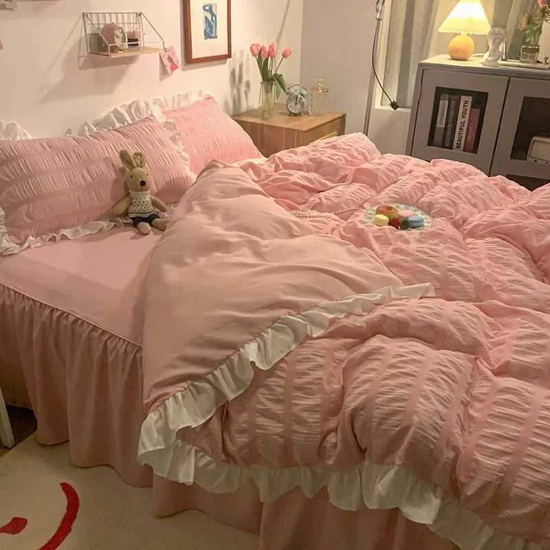 Pink Ruffled Seersucker Duvet Cover Set 34pcs Soft Lightweight Down Alternative Grey Bedding Set with Bed Skirt and cases H251011-image-1079312934
