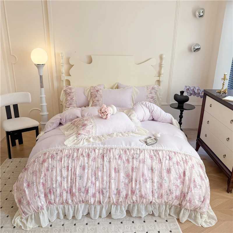 Princess Style Duvet Cover Sets with Lace Embroidery Bed Cover for Girls QueenKing Size Soft Pink Bedding with Ruffles H251011-image-1079318141