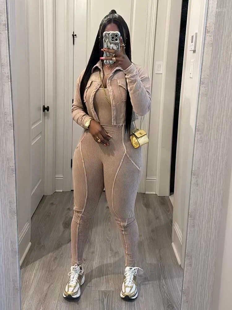 Womens Two Piece Pants 2 Sets Woman Outfits Elegant Ribbed Jumpsuit And Long Sleeve Jacket Spring Summer Casual Sexy Wholesale Drop L260612