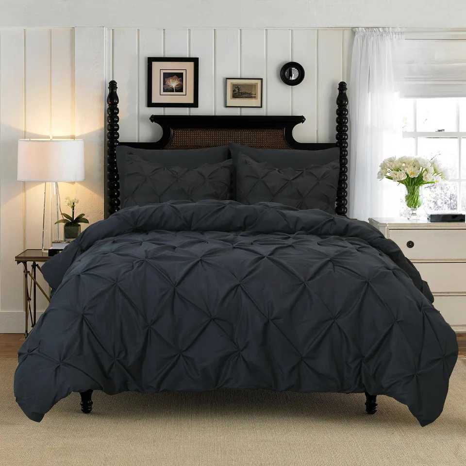 Cotton Bedding Set Elegant Comfort Pinch Pleated Pintuck Pattern 3Piece Duvet Cover Set Features Corner Ties H251011-image-1079317657