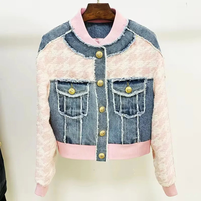 est ner Jacket Womens Lion Buttons Houndstooth Tweed Denim Patchwork Tassel Fringed 241021
