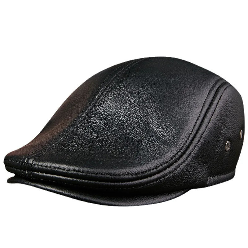2025 Chapeau de béret en cuir véritable pour hommes chaud coupe-vent casquette d'hiver mode Gentleman casquette à visière Vintage élégant pilote