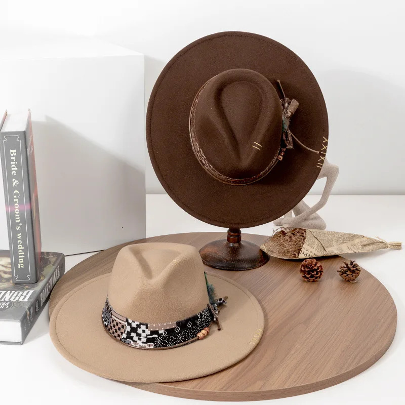 USPOP Vintage Fedora Hat for Women Men Wide Brim Felt Hat with Feather Band Western Style Panama Hat for Spring Autumn 251011