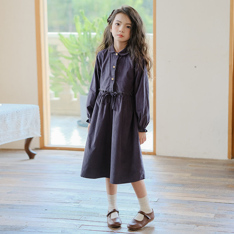 D428 Girls dress 2025 autumn and winter new Korean version of corduroy thick forest shirt college style lapel dress skirt-image-1079474383