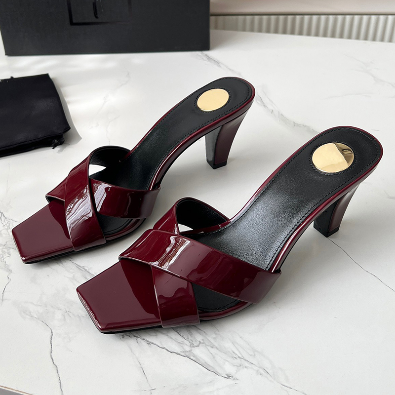 Famous New Patent Leather Square Toe Open Toe High Heels Mule Luxury Designer Metal Sheet Decoration Summer Sandals Leather Sole Fashion All-Matc-image-912707541