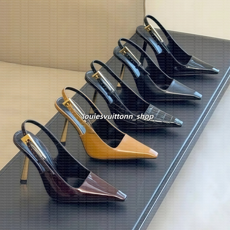 Designer Sandals High Heels Metal Letters Sandals Slingback Heels Women Dress Shoes Sexy Open Toe Slippers Fashion Leather Party Wedding Sandal High