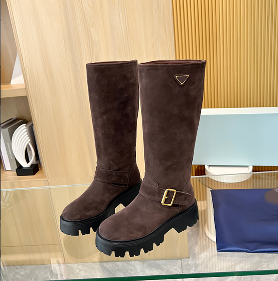 Women's black leather knee high boots designer metal buckle leather boots round headed black knight outdoor comfortable shoes