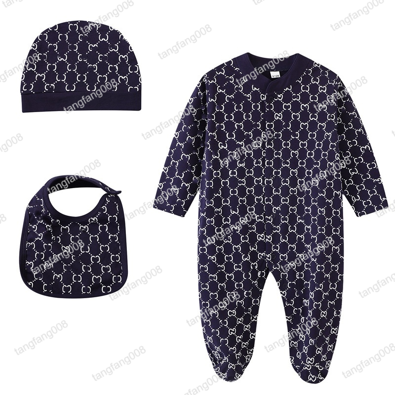 100% Cotton Luxury Baby 3PC Outfit Designer Long Sleeve Romper+Matching Bib+Hat Unisex Fit for Newborn Boys and Girls-image-1079578220