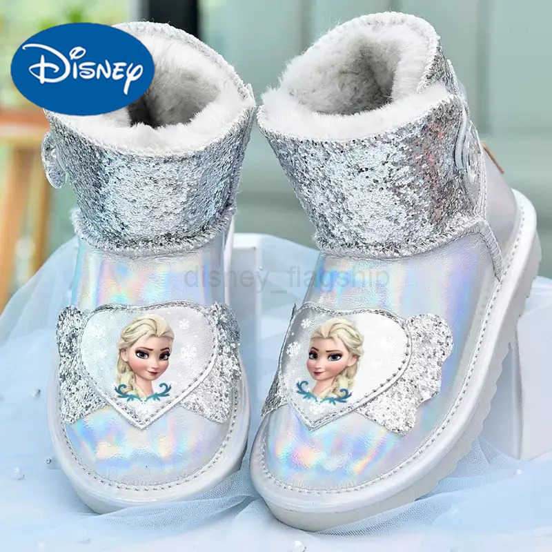 Disney Girls Snow Boots Genuine Leather Waterproof Snow Cotton Winter Plush Childrens Shoes Boots Princess Elsa Large CottonXJ251013