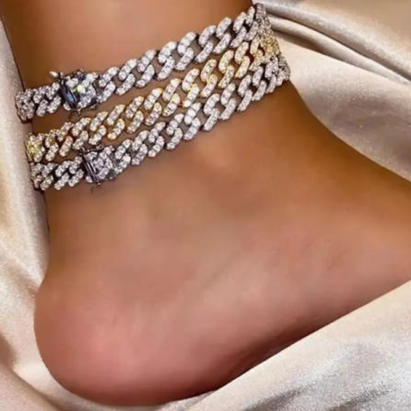 Diamond Cuban Chain Foot Chain Silver Zinc Alloy European and American Hip Hop Style Necklace Single Row Punk Chain Male and Female Design Neck Tren