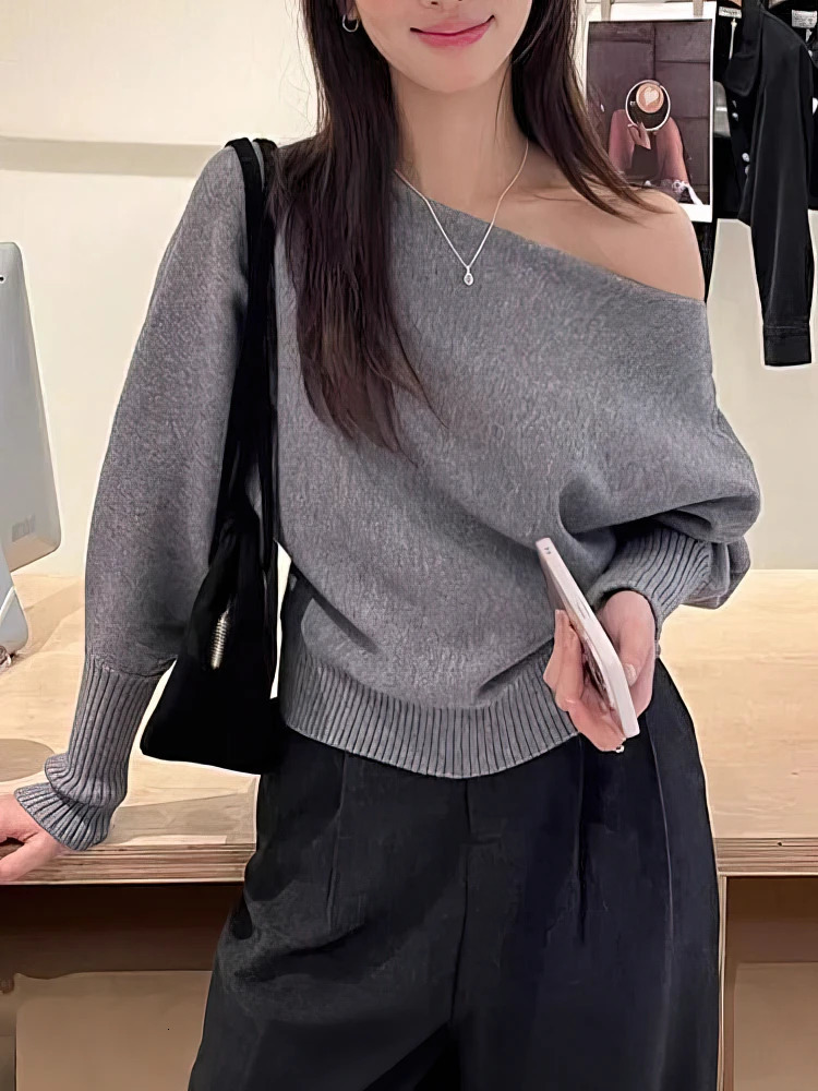 Batwing Long sleeve Knitted Pullover Women 380g Thick Off shoulder Top Korean Fashion Sweater Loose Casual Autumn Outwear Pull 251008BJ