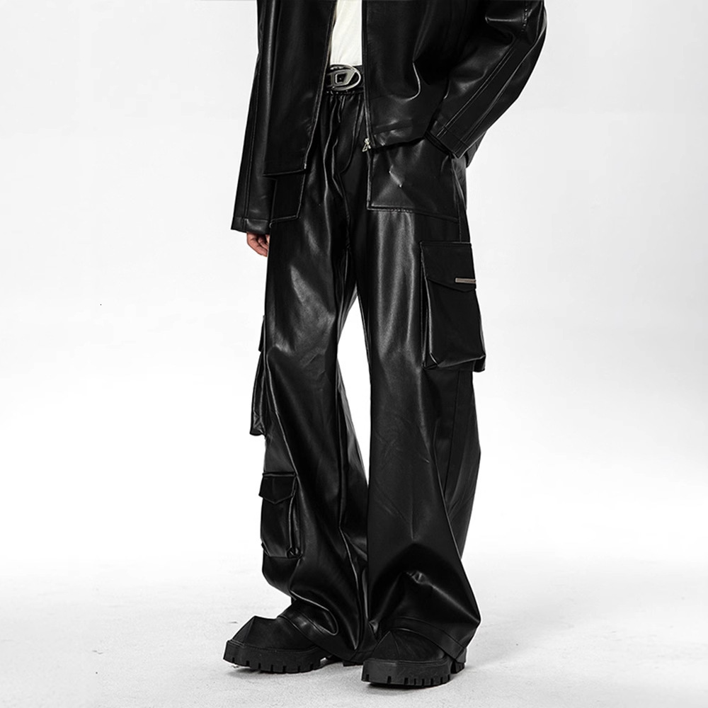 Pantalon cargo en cuir mat noir pour homme taille moyenne pantalon droit ample avec plusieurs poches mode homme Y2K PU pantalon personnalisé Club