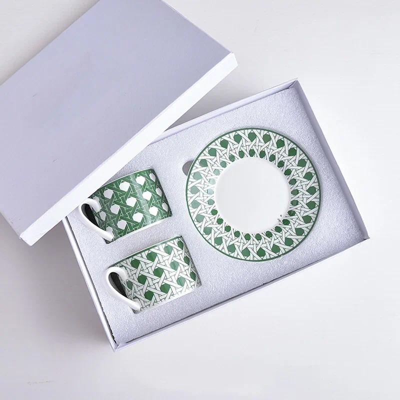 2 Sets Elegant Bone China Coffee Tea Sets Geometric Pattern Cups and Saucers Europe Style Coffee Couple Cups Teacup Table Decor K260225-image-1095427239
