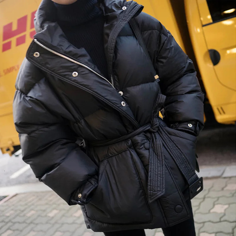Black Womens Fashion Down Parka Winter Jacket Simple Cuff Windproof Warm Female High Quality Coats With Belt YRF75 251009