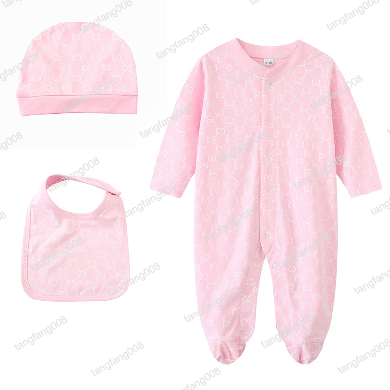 100% Cotton Baby 3-Piece Outfit Long-Sleeve Designer Romper with Letter Print Matching Bib & Hat Perfect Onesies for Newborn Boys and Girls-image-1079599295