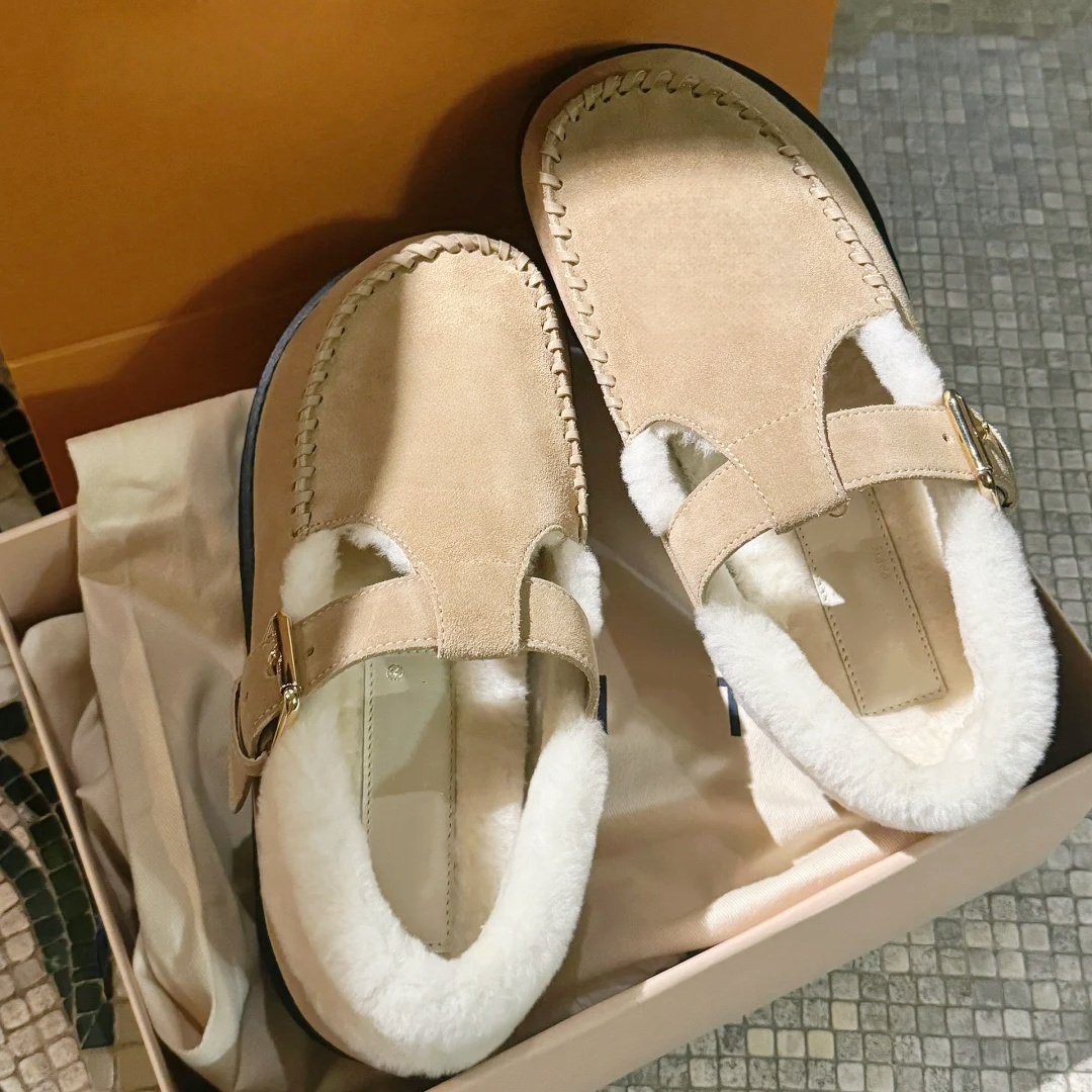 Suede leather Fur slide Snow Mini Boots Womens Designer Mary Jane shoe Colorado Loafers Winter Sport Booties Furry Mule Flat House shoe Luxury Scuff