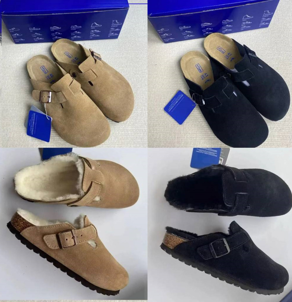 Boston clogs big Shearling slippers winter slides soft footed platform german Slipper Fur Suede Leather Slippers nubuck wood cork bostonClogs fjxx S
