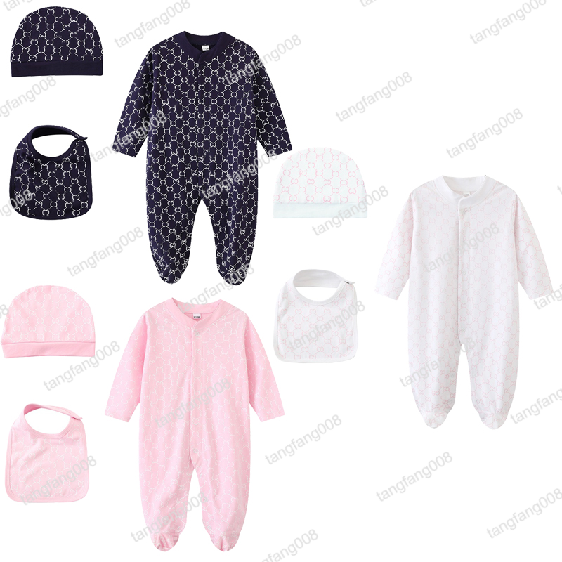 Newborn Baby Boy and Girl Unisex 3-Piece Set 100% Cotton Designer Long Sleeve Romper with Luxury Letter + Bib + Hat-image-1079575615