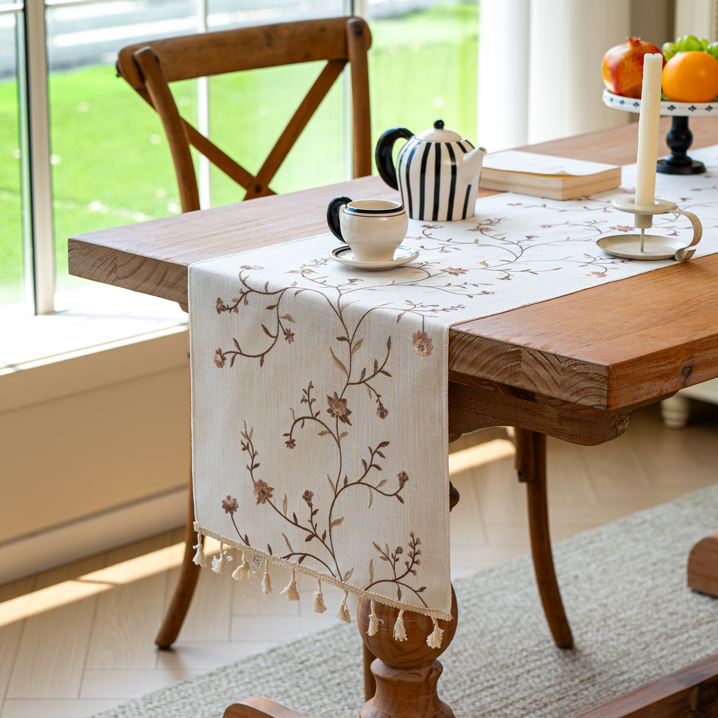 New simple cotton and linen embroidered table runner with tassels for home dining tablecloth RFTJ01-image-1079618454