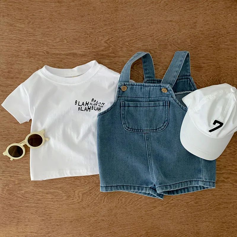 w511 Summer Baby Clothing Set Toddler Girls Clothes Suit Infant Tee and Denim Overall Boys Outfit-image-1079657150