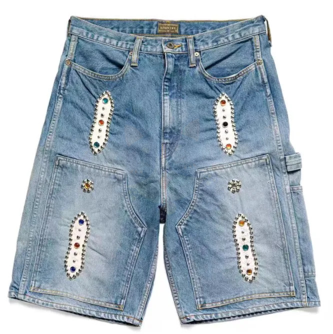 Men's Shorts KAPITAL 23SS 21SS Blue Dyed Retro Distressed Loose Rivet-Inlaid Gemstone Denim Cotton jeans Jacquard feather pants bell bottoms Ny