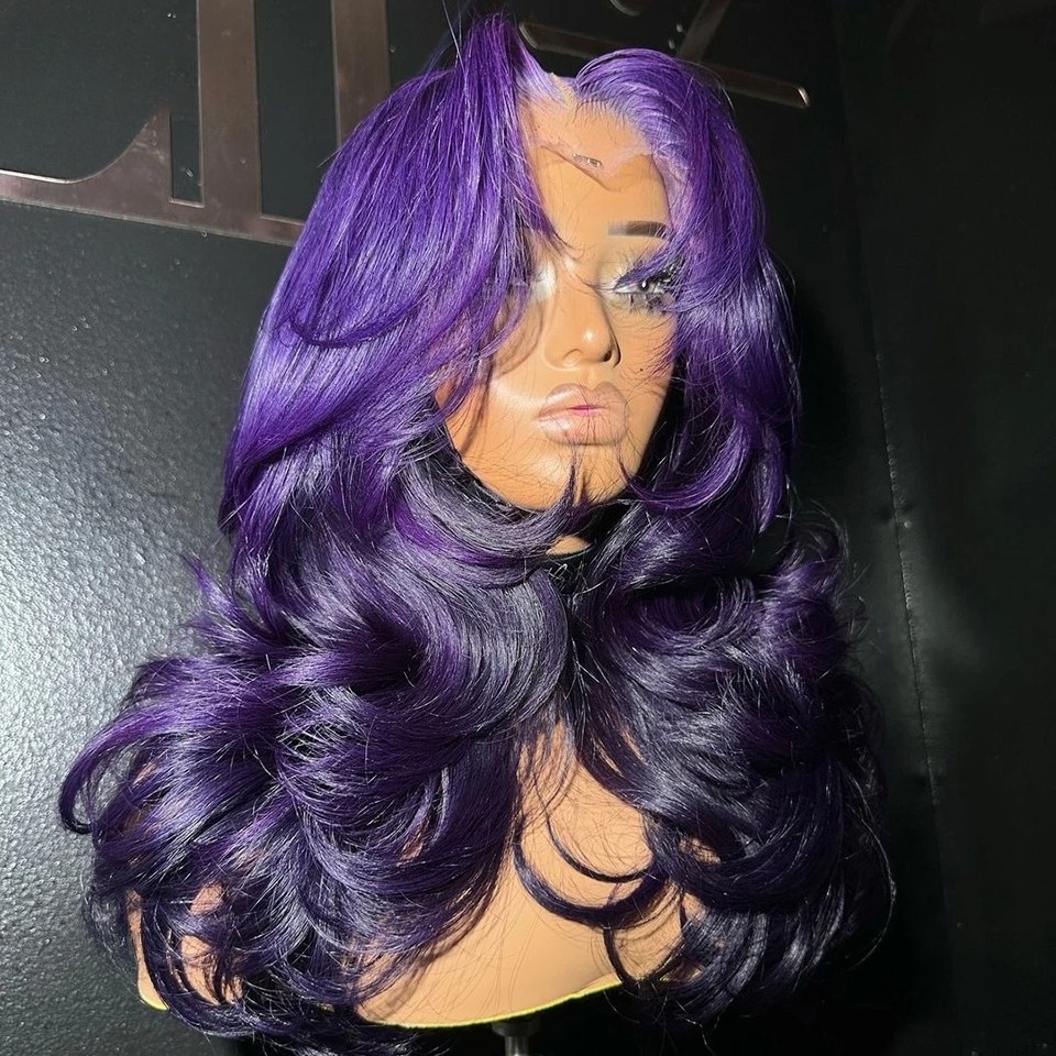 Purple Layered Wig Body Wave Human Hair Wig 13x6 HD Lace Frontal Wig Glueless Preplucked For Wemon Brazilian Hair Party Daily Wear Cosplay On Sale 45$