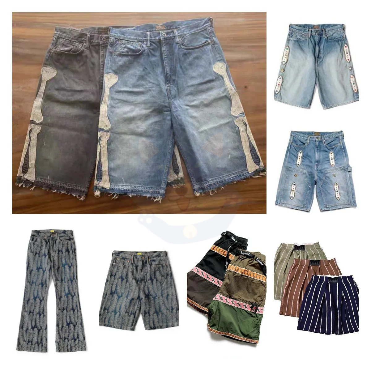 Men's Shorts KAPITAL 23SS 21SS Blue Dyed Retro Distressed Loose Rivet-Inlaid Gemstone Denim Cotton jeans Jacquard feather pants bell bottoms Ny