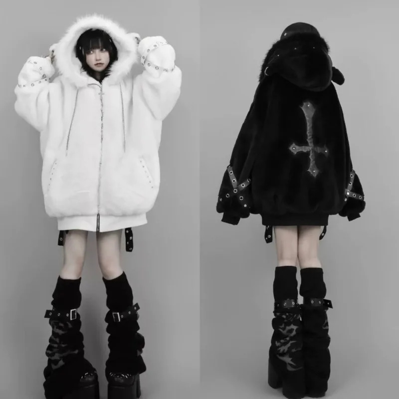 2026 Harajuku Gothic Punk Dark Academia Clothes Fur Patchwork Hoodie Sweatshirts 2026 outdoor Autumn Winter Cardigan Coat Women Free Shipping