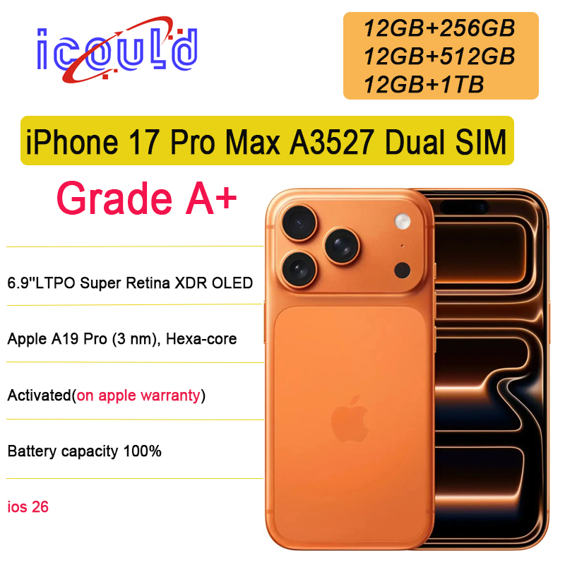 Used Grade A+ Original Apple iPhone 17 Pro Max A3527 Dual Physical SIM unlocked iOS 26 Apple A19 Pro 6.9 inch LTPO Super Retina XDR OLED Display Bat