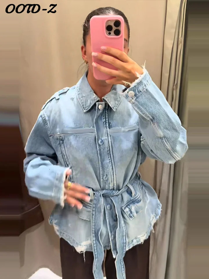 Belt Denim Women Jacket Lace Up Full Sleeve Lapel Female Coat Autumn High Street Elegant Single Breasted Lady Outwear 251009
