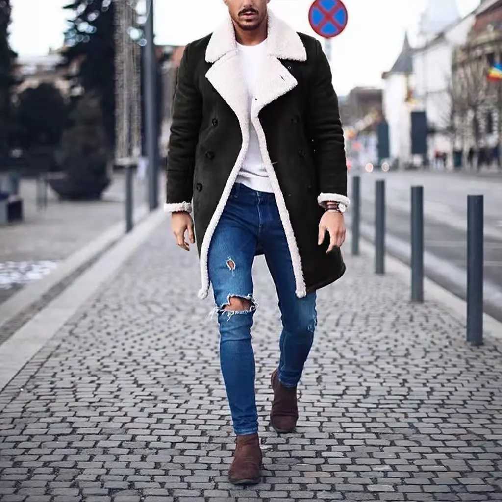 Mens Coat Faux Fleece Fur Solid Color Hooded Jacket Imitation Leather Trench Coats Winter Warm Long Overcoat Male W251014 9d