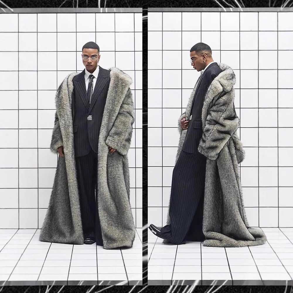 Men Faux Fur Jacket Long Coat Full Length Thick Fluffy Warm Shaggy Outerwear Business Turn Down Collar 2025 Winter Overcoat W251014