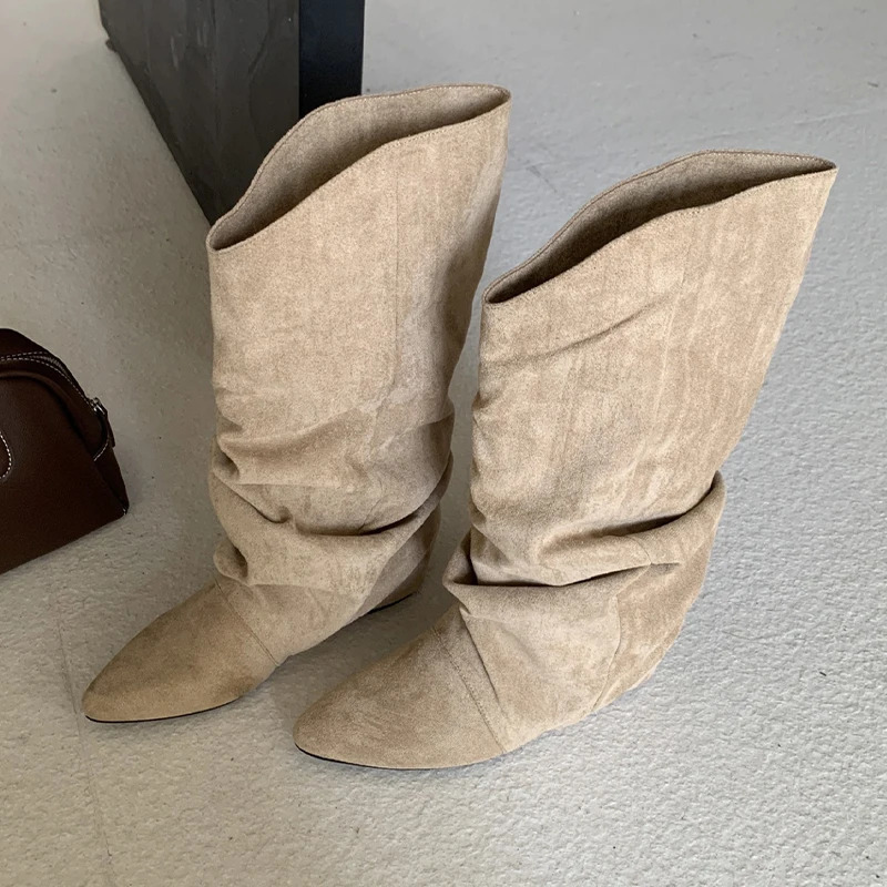 Flats Women High Boots Suede Pointed Toe Shoes Winter Dress Woman Fashion Sexy Chelsea Botas De Mujer 251011
